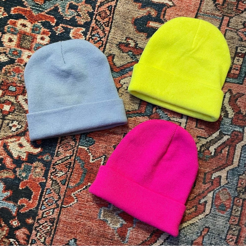 3 pack Colorful Knit Cuffed Beanies Neon Yellow Magenta Periwinkle Sky Beanie